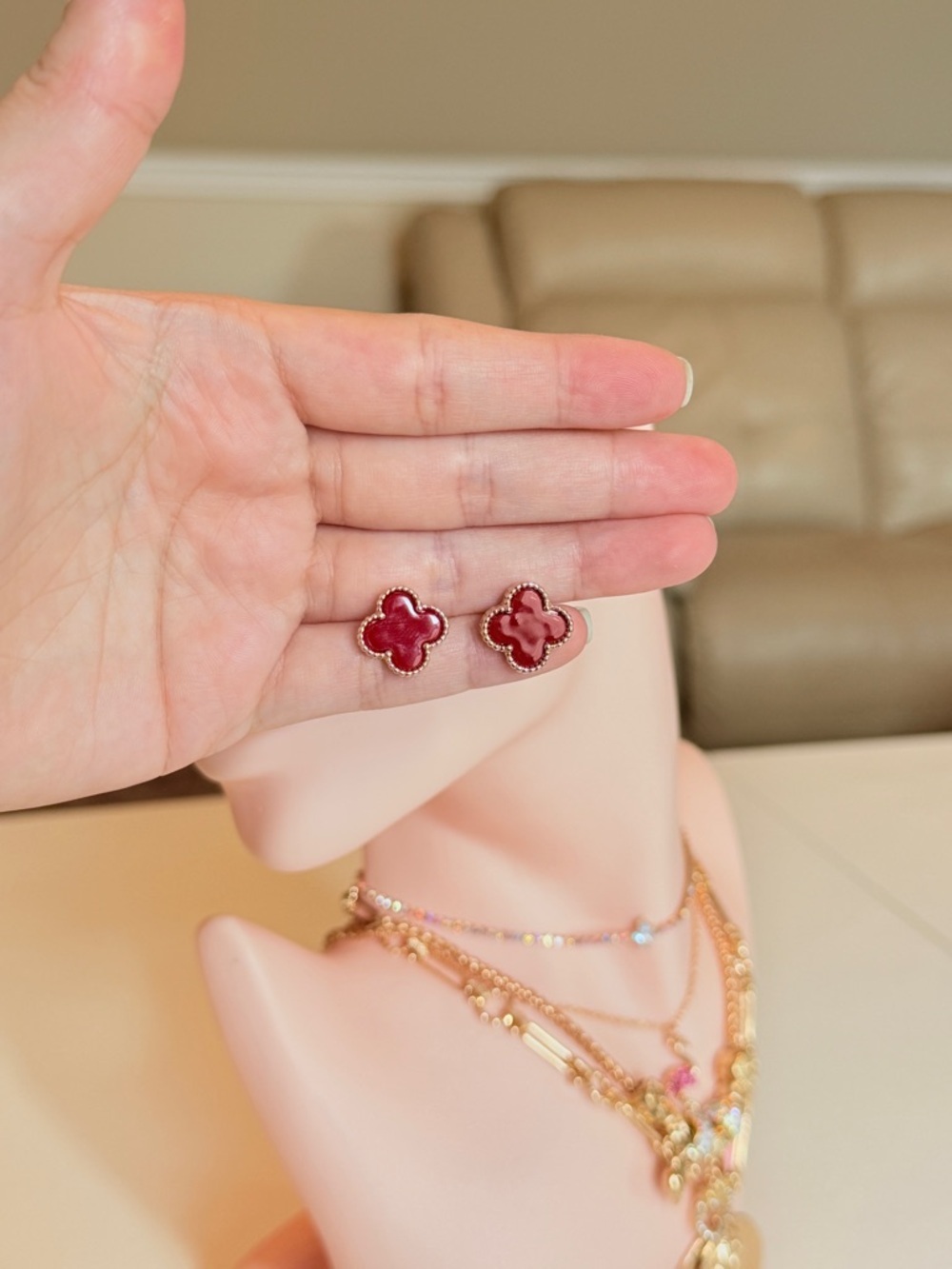 Gold Red Clover Stud Earrings - Picture 8 of 11
